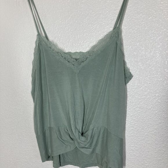 Y2K American Eagle Soft & Sexy Cami Tank Top Medium Green Lace Trim Twist Hem - Picture 2 of 13